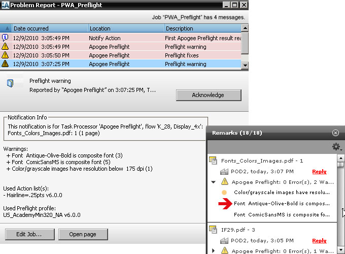 Apogee Preflight warnings in the Prepress client and PageMaster client