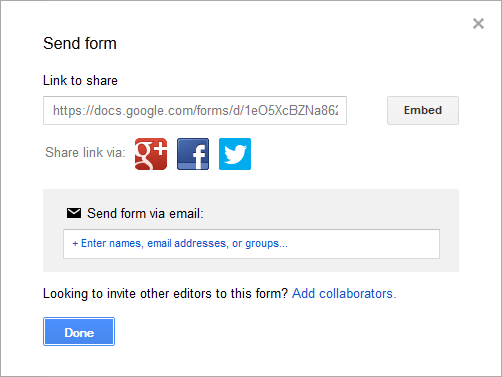 Google Docs send form window
