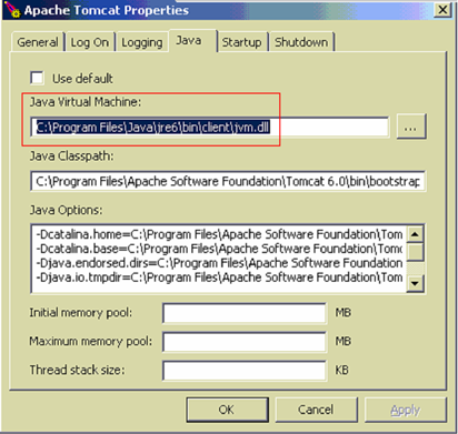Incorrect Apache Tomcat Java Virtual Machine settings